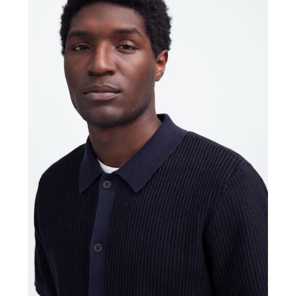 NWT Madewell Tuck-Stitch Button-Up Sweater Polo Navy Black Size XS - Picture 3 of 7